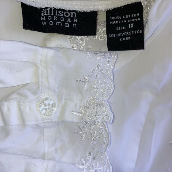 ALLISON MORGAN 1X Solid White 100% Cotton Eyelet Lace Trim Long Sleeve Blouse - Picture 4 of 5